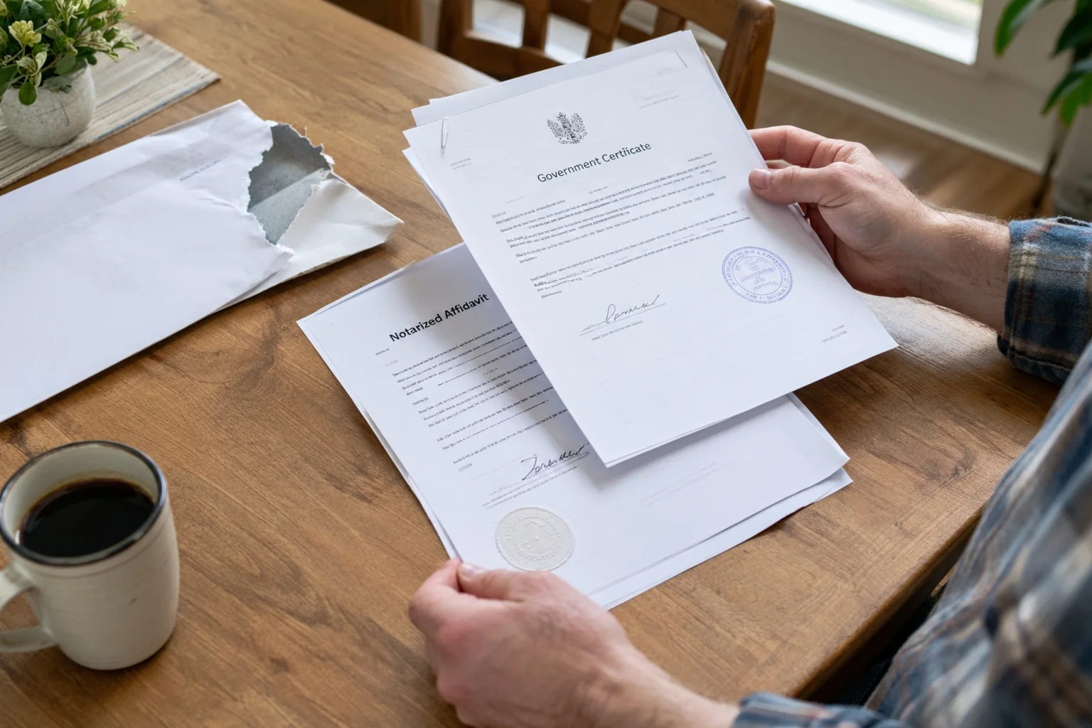 Notarized affidavit with an embossed seal and a one-page apostille certificate attached, just returned by mail