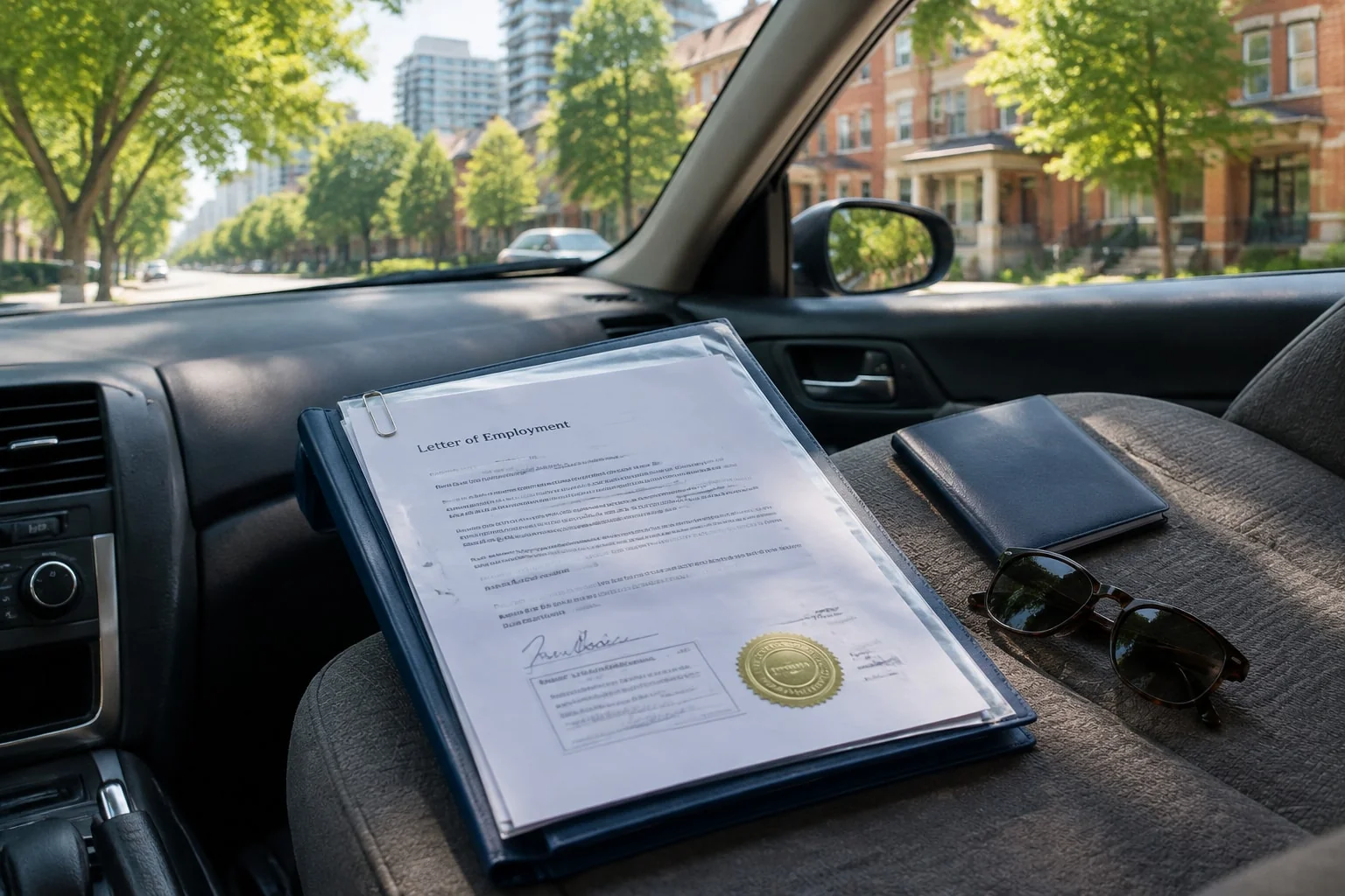 Notarized letter of employment with its raised seal, clipped to a visa application folder on a car seat