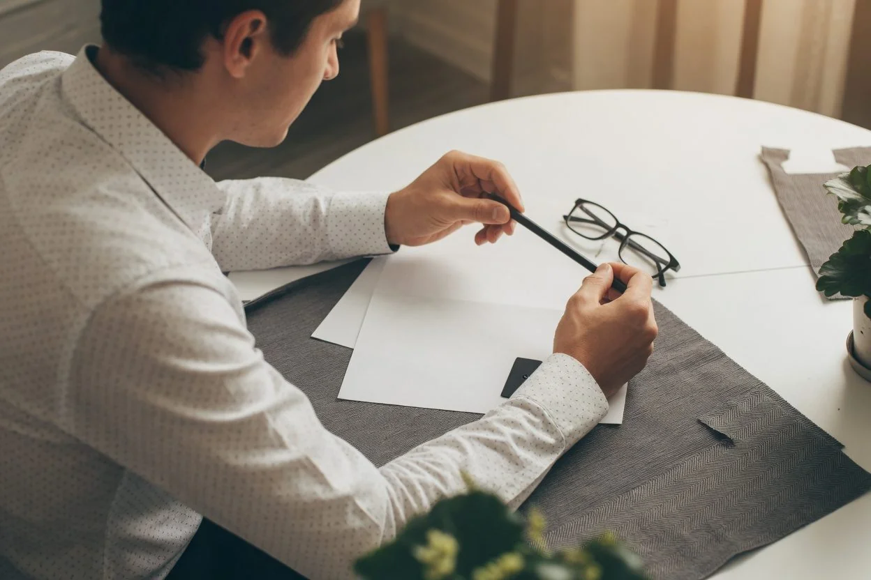 HR representative reviewing a draft employment letter on company letterhead before signing in front of a notary