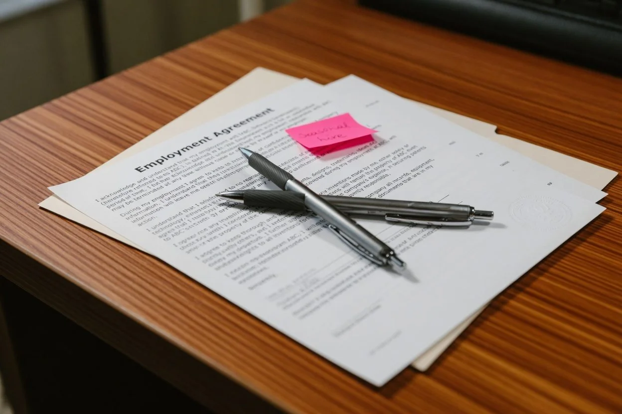 Notarized employment letter on company letterhead being signed in front of an Ottawa notary public, with a notary seal and pen on the desk