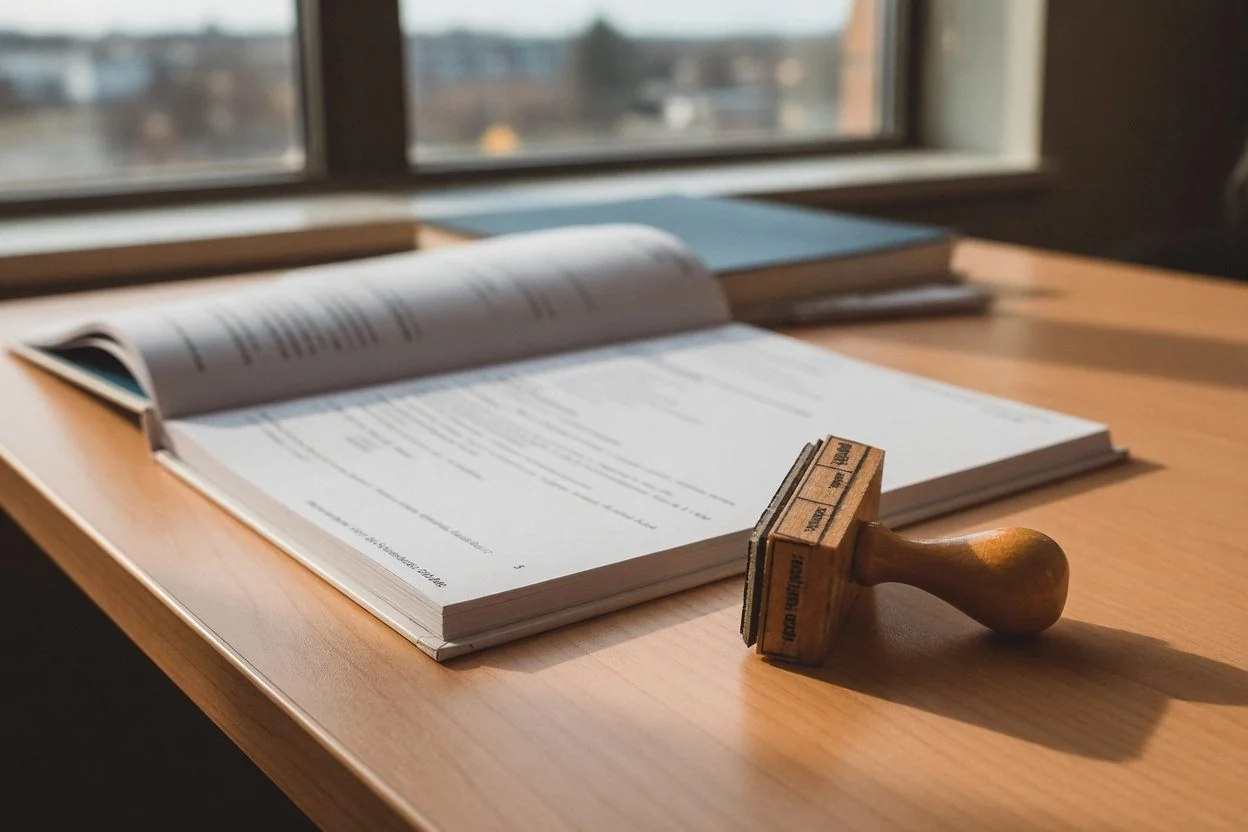 A notary's printed seal beside a signed page of a letter of invitation, with a folder of immigration documents nearby on a tidy office desk in Ottawa