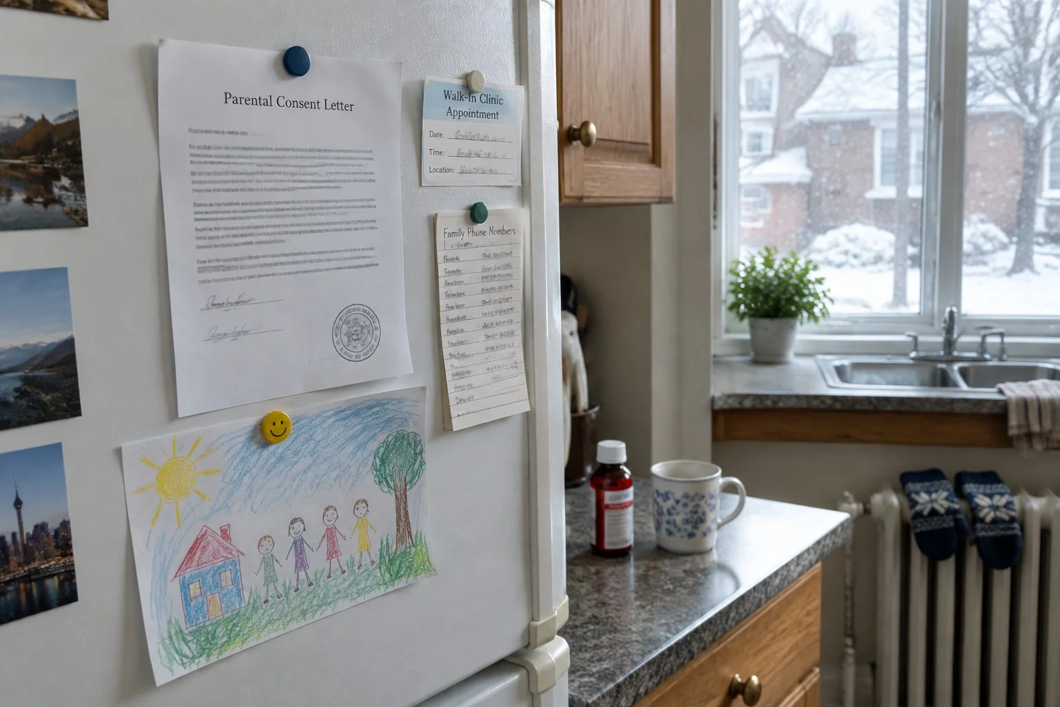 Parents' notarized medical consent letter on the grandparents' fridge beside a clinic appointment card