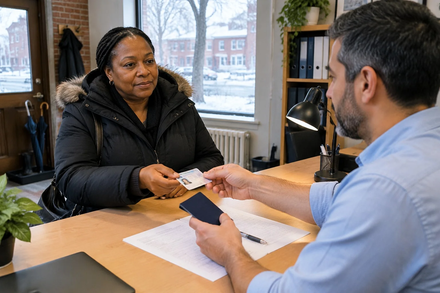 Client hands her driver's licence and Canadian passport to a notary for an arm's-length ID check