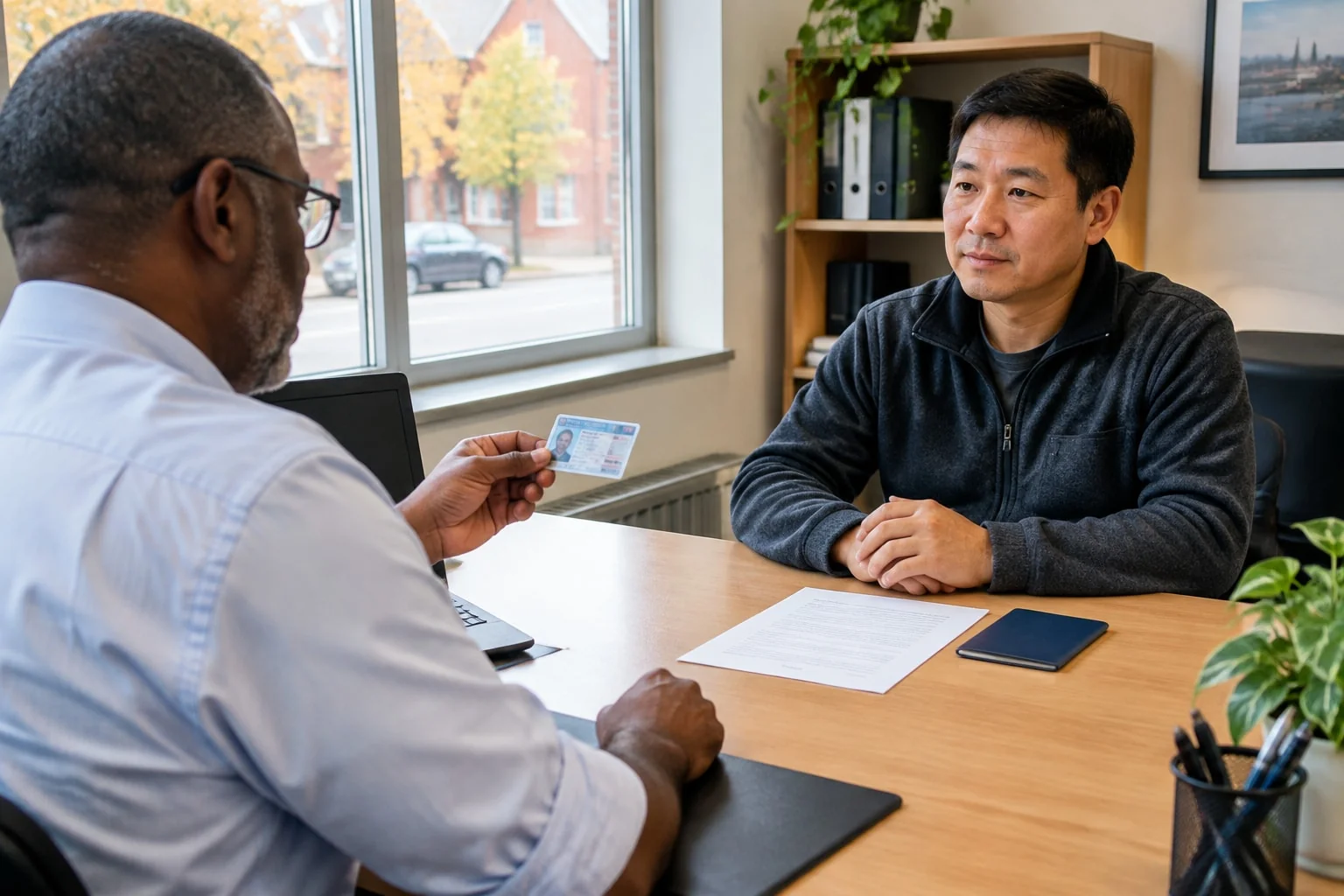 Notary checking a host's photo ID against his face before witnessing his letter of invitation