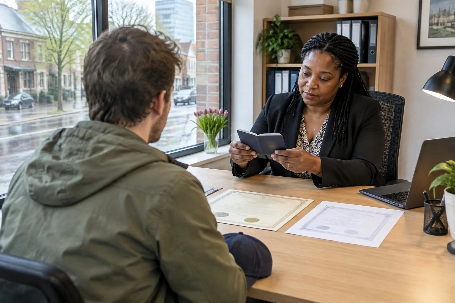Notary checking a client's passport against his original diploma at a same-day appointment in Ottawa