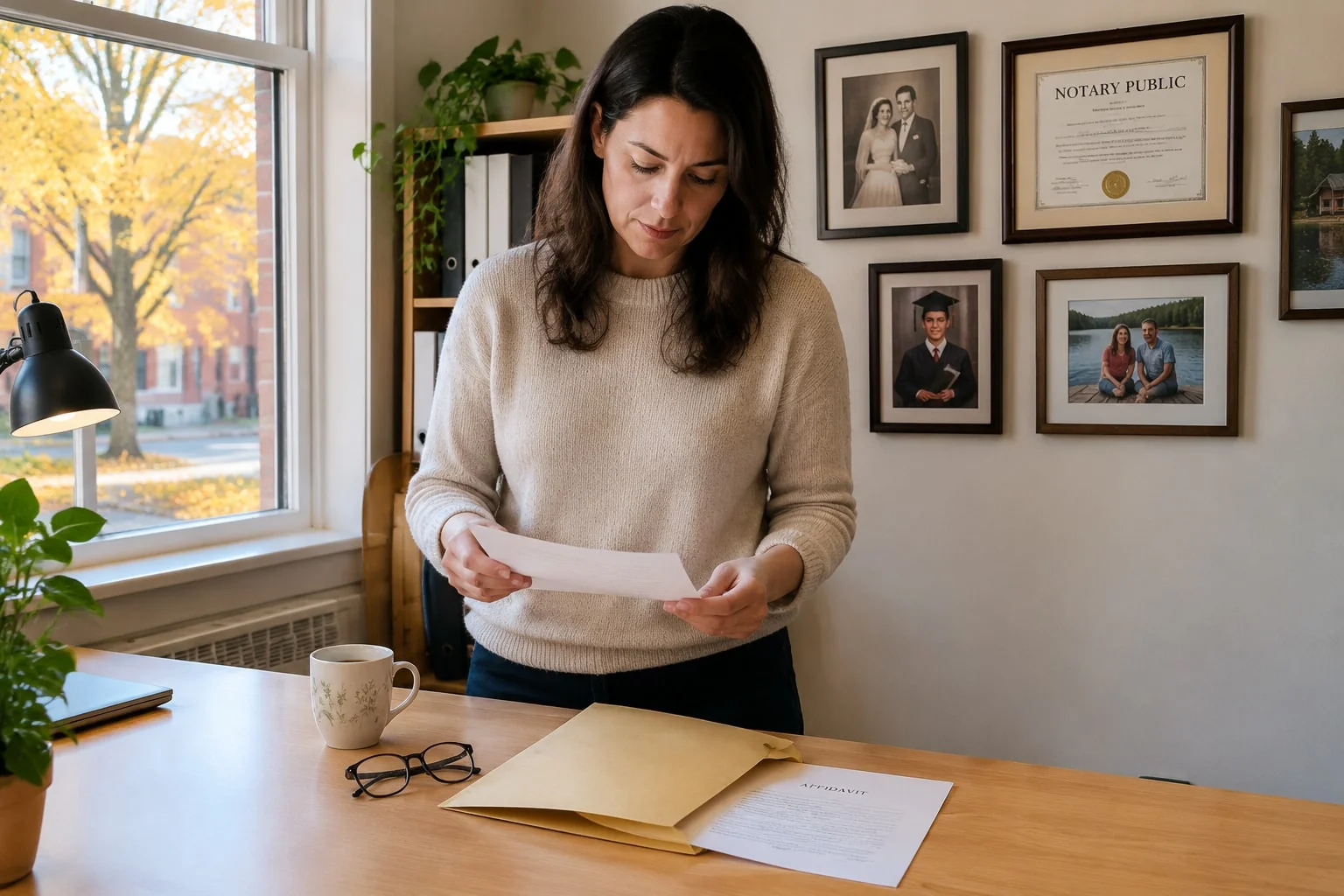 A notary's framed commission among family photos, and her brother's unsigned affidavit left on the desk below