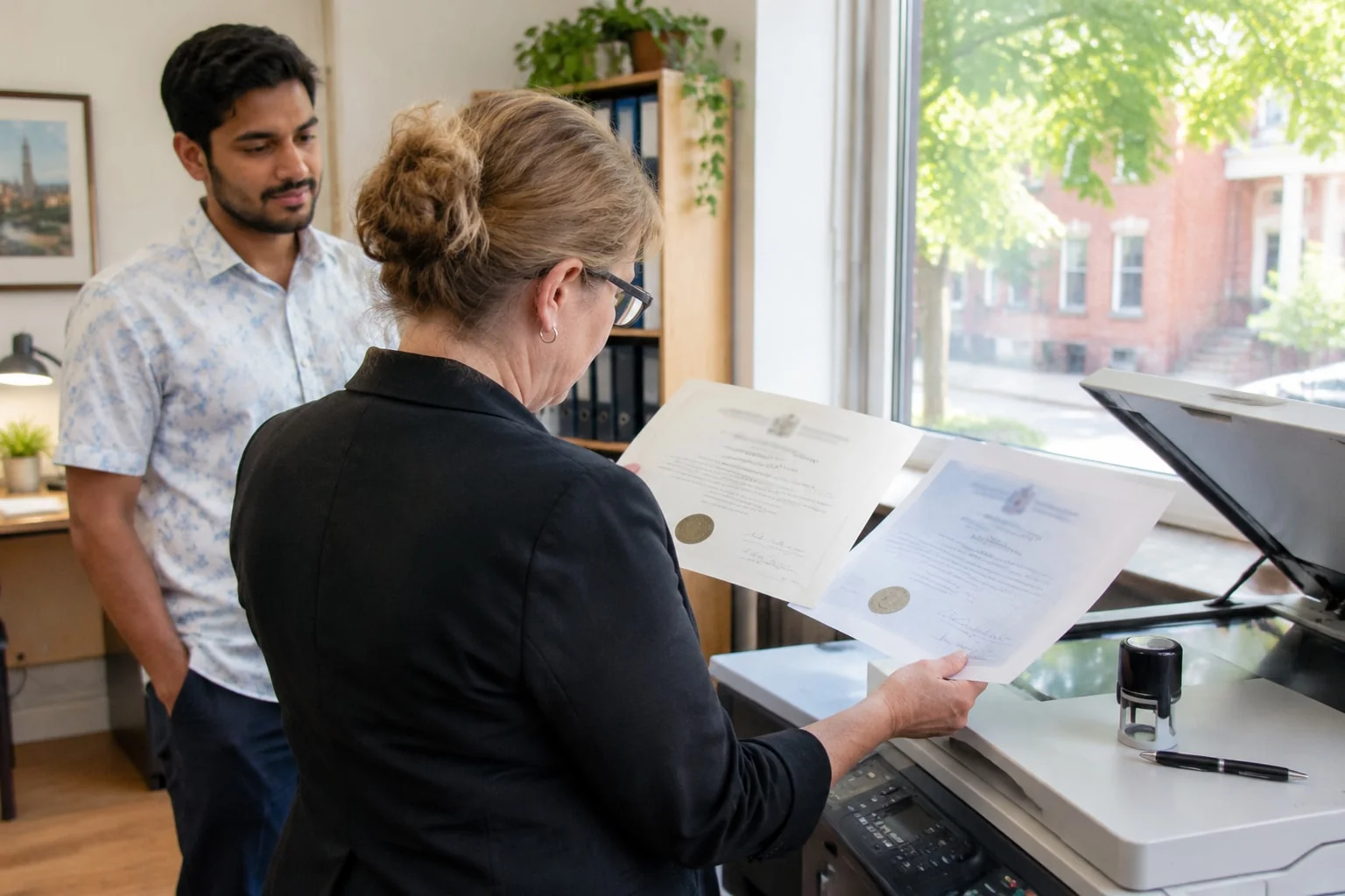 Notary compares an original diploma with its photocopy before certifying a true copy for use abroad