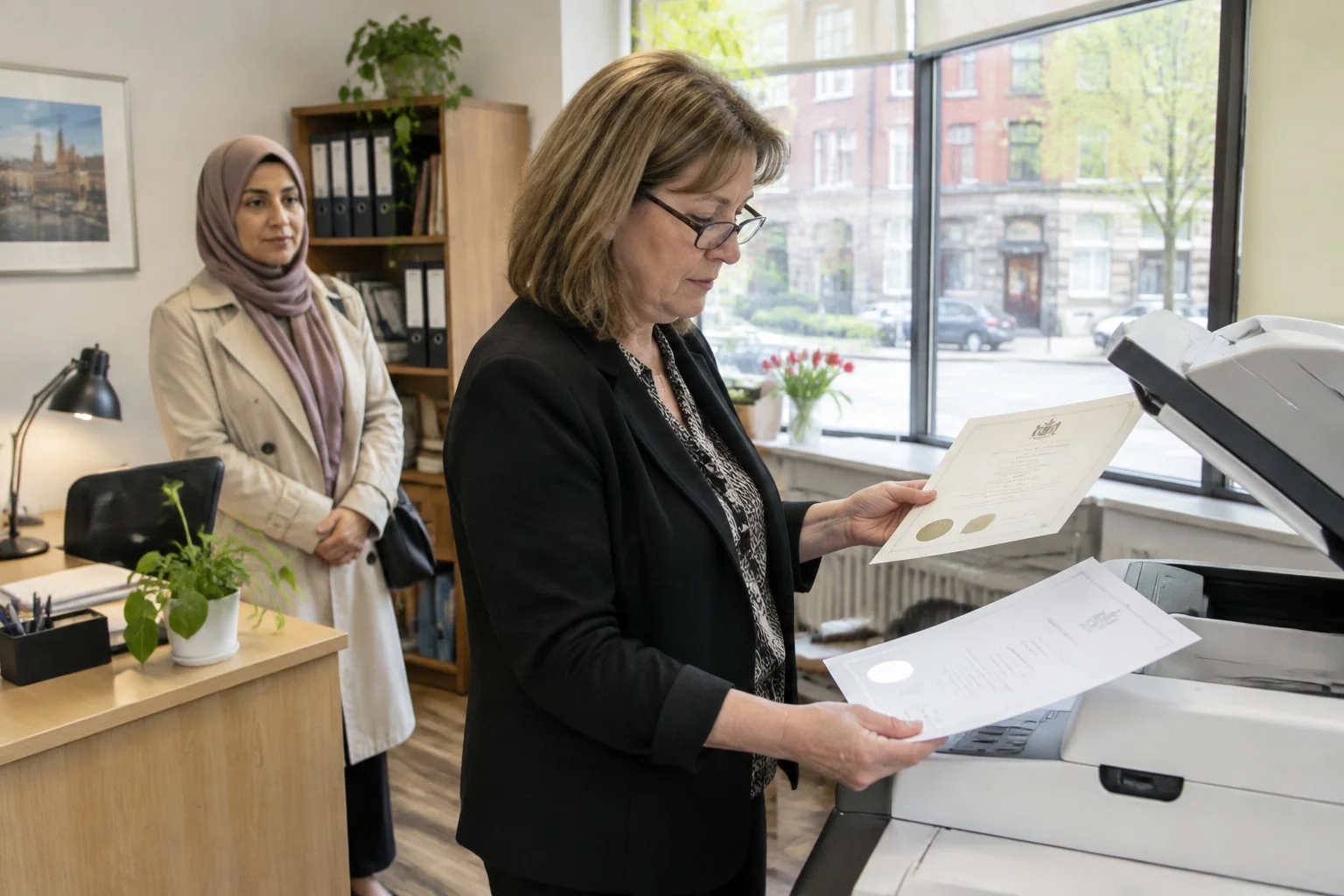 Notary at the photocopier comparing an original diploma with its fresh copy before certifying a true copy