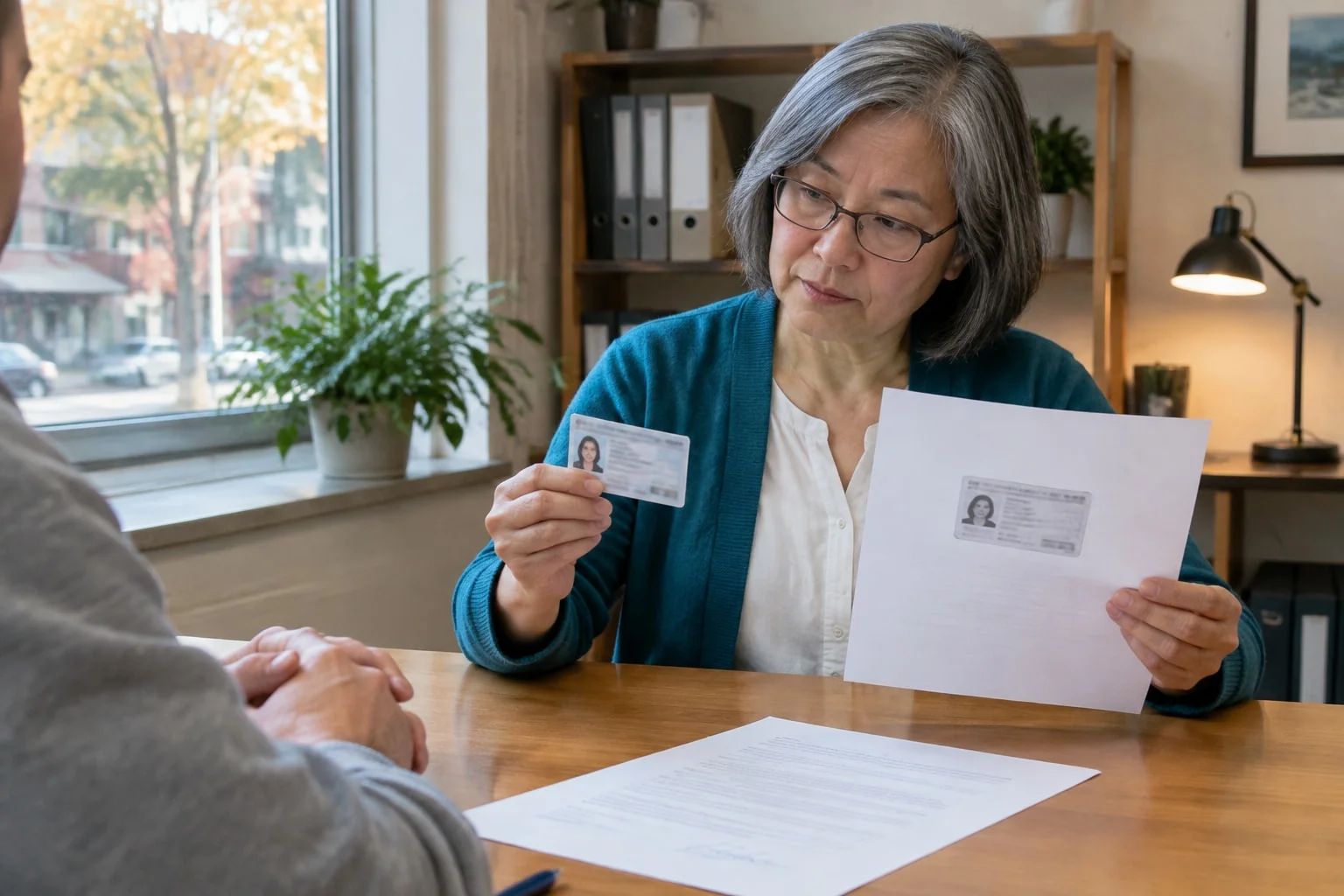 A notary compares a parent's original photo ID card with a photocopy of it at a kitchen table