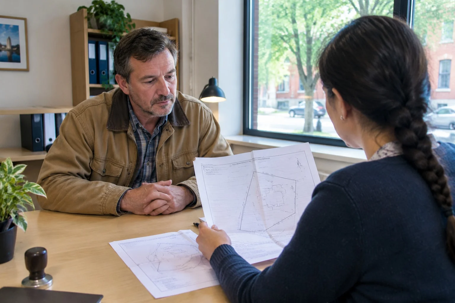 Notary compares an original property survey with its photocopy before certifying a true copy for a mortgage file