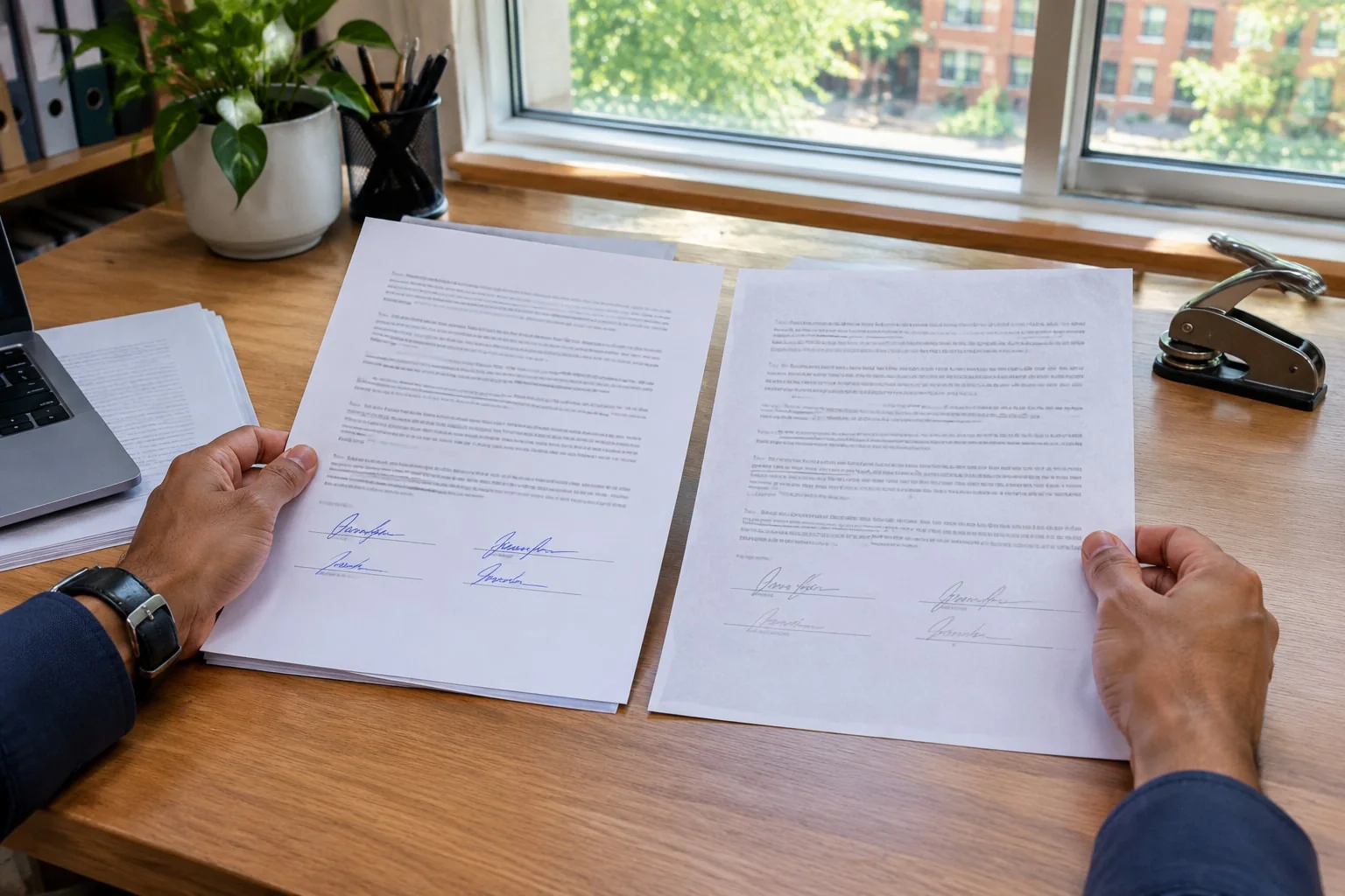 A notary compares a photocopy of a will with the signed original before certifying the copy