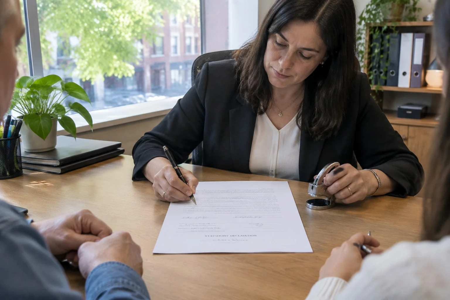 Notary completes the jurat under both partners’ signatures on a common-law declaration, embosser ready