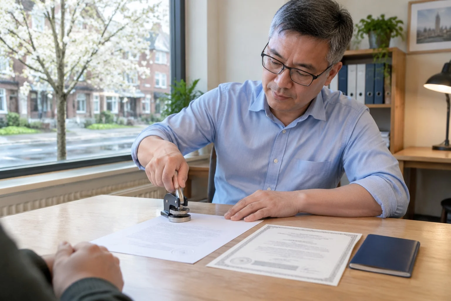 A notary presses an embosser onto a paper copy at a client's dining table during a mobile visit