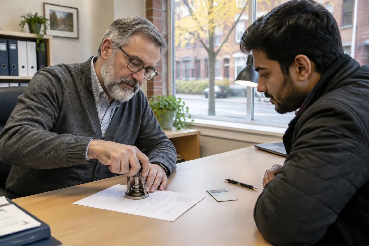Notary pressing his embosser seal onto a client's signed document at his desk, the notarization step before an apostille