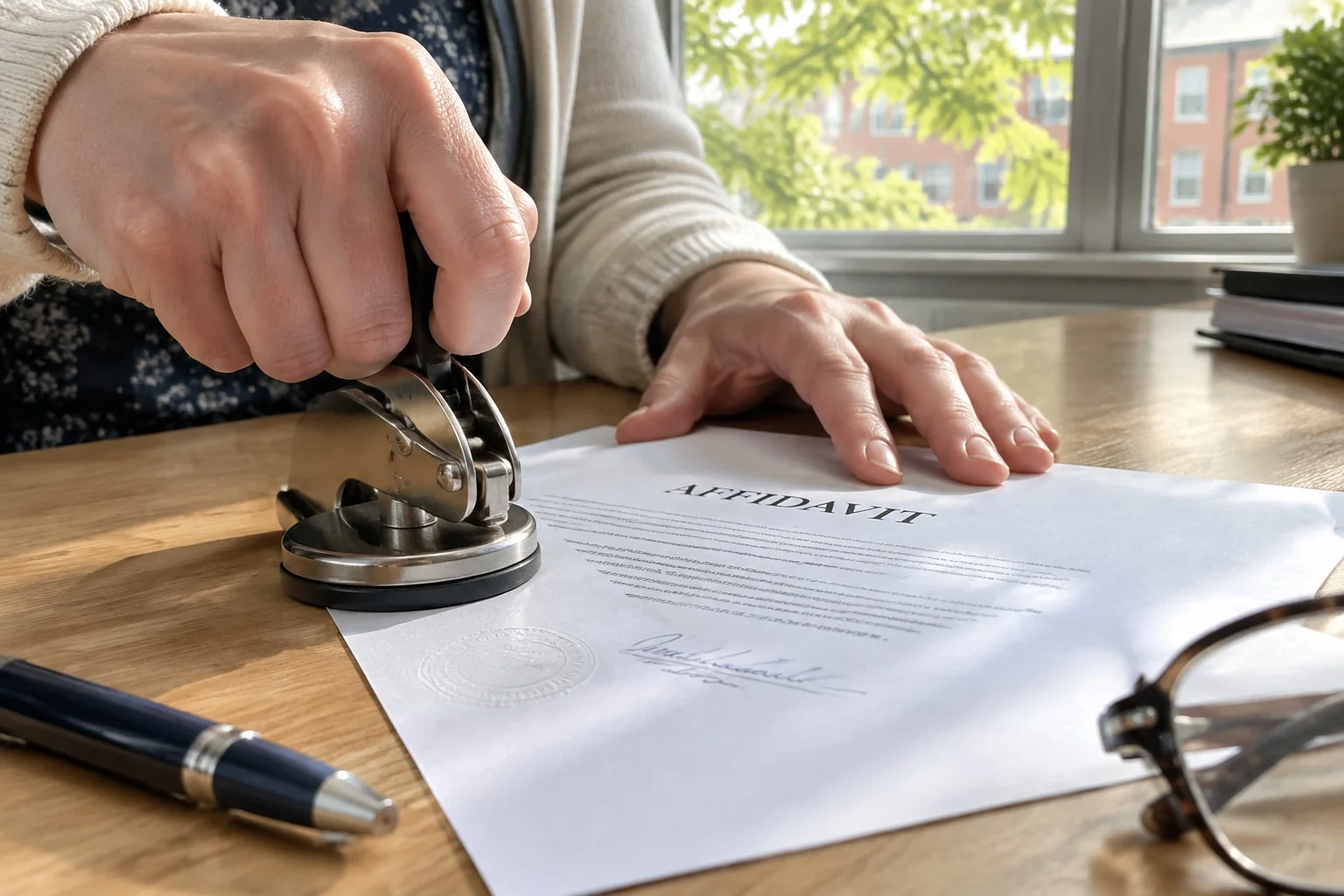 Notary presses a metal embosser seal onto a signed affidavit, a step a commissioner of oaths cannot take