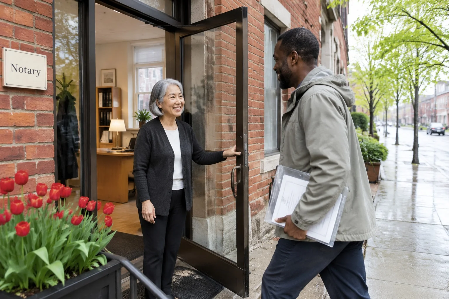 Notary greets a client bringing original certificates to her office, since certified copies for IRCC need an in-person visit