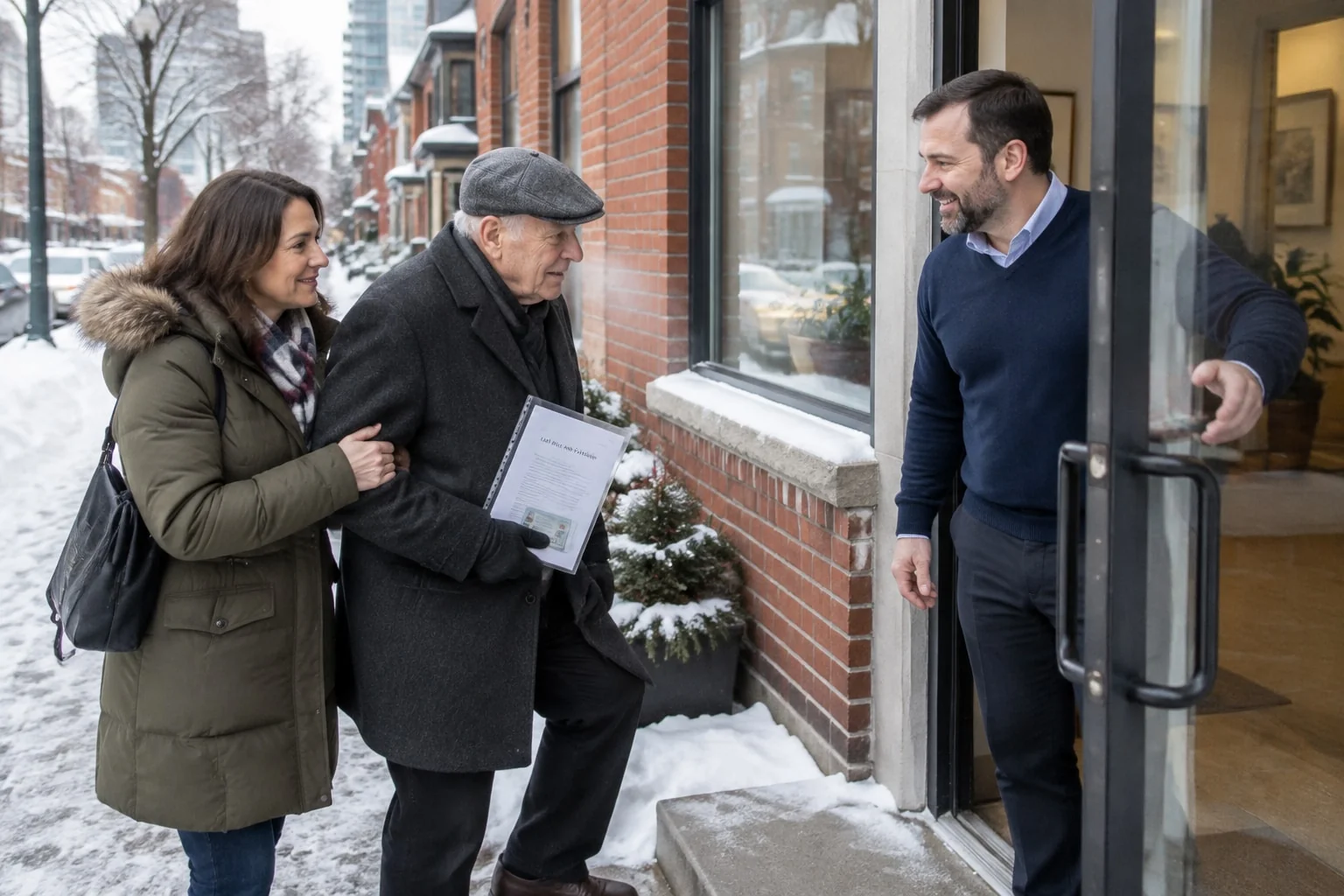 Notary greets an elderly will witness and the executor at his office door, the will copy and ID in hand