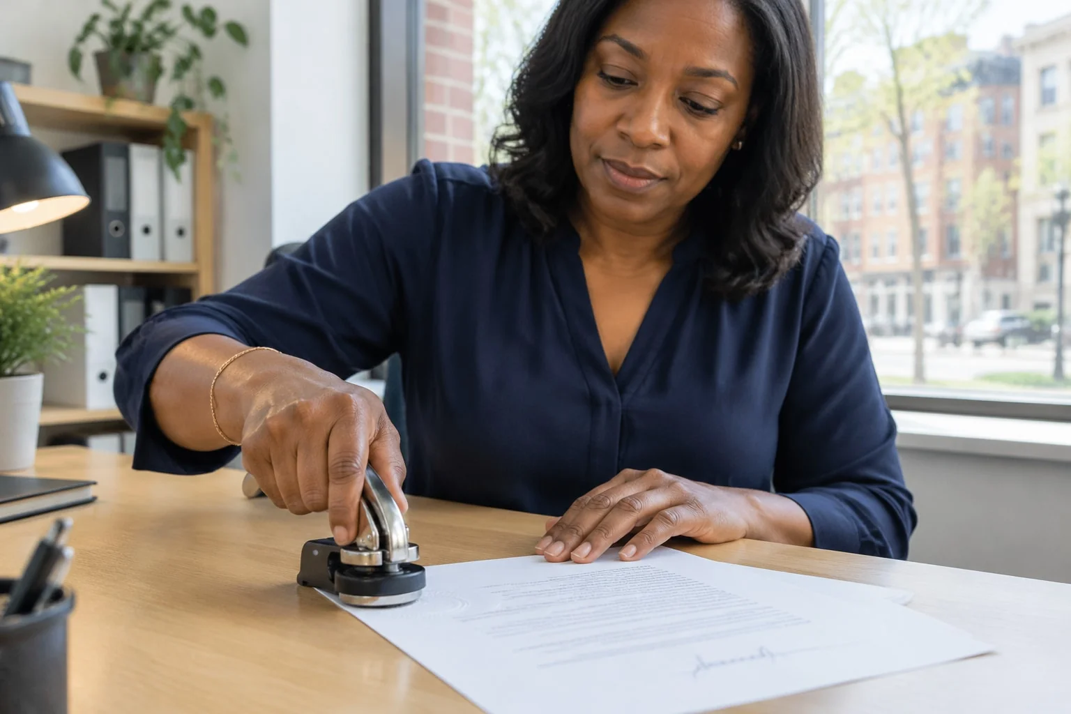 A notary presses a steel embosser onto the corner of a signed document at her desk