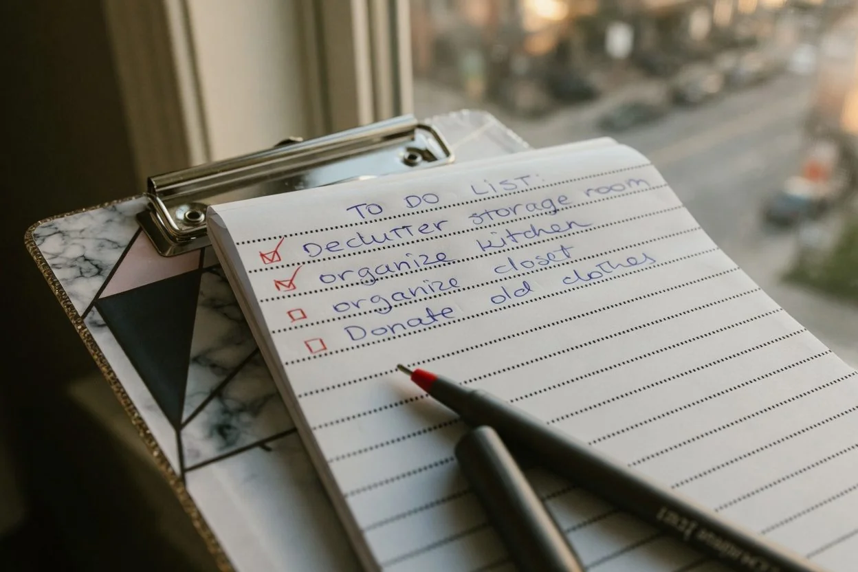 Inline 3: a printed IRCC checklist beside a stack of original documents and certified copies, with a pen ready for signature