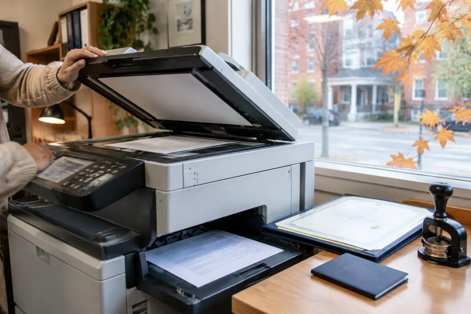 Transcript on a notary office photocopier with a diploma and passport waiting, the routine notary-only work
