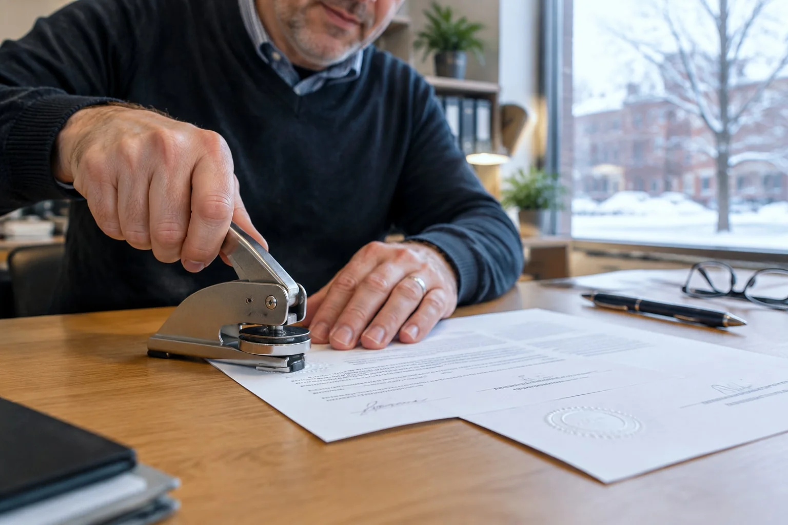 A notary presses a desk embosser onto the corner of a signed page, leaving a colourless raised seal
