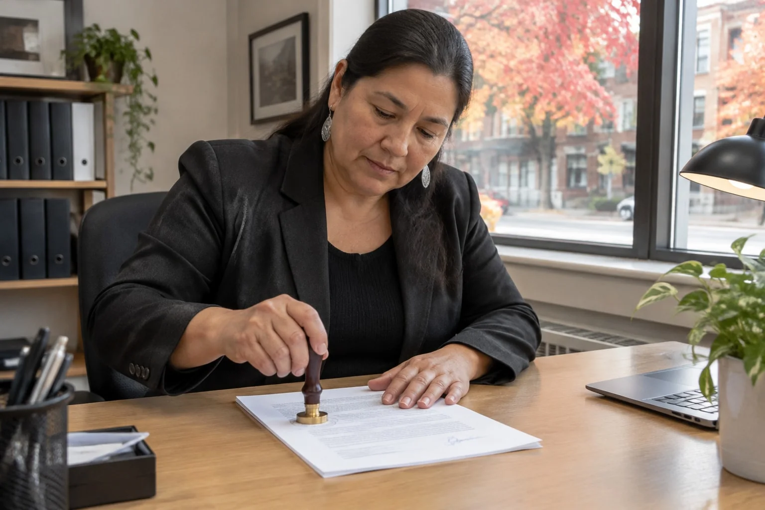 Notary presses her seal onto the last page of a sworn affidavit, beside the deponent's signature