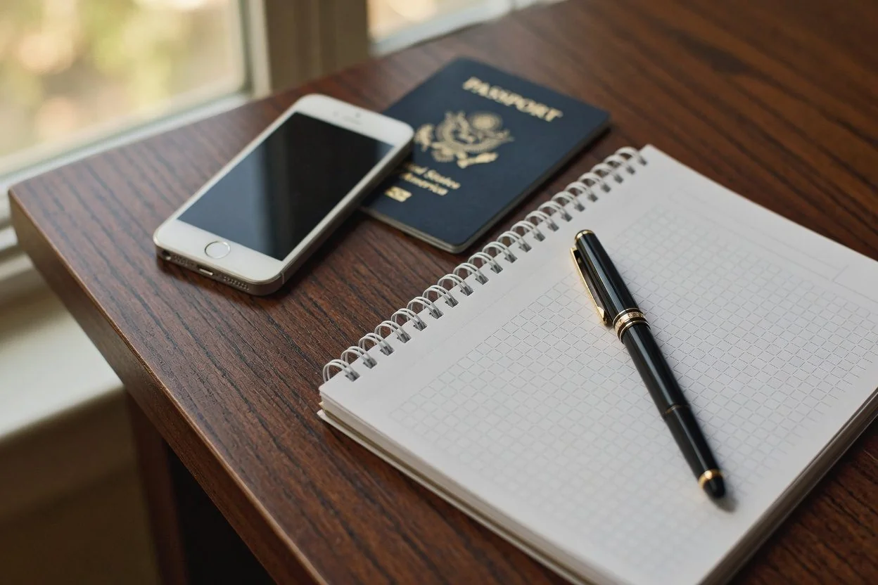 Canadian passport, photocopies, and a pen on a desk being prepared for certified true copies