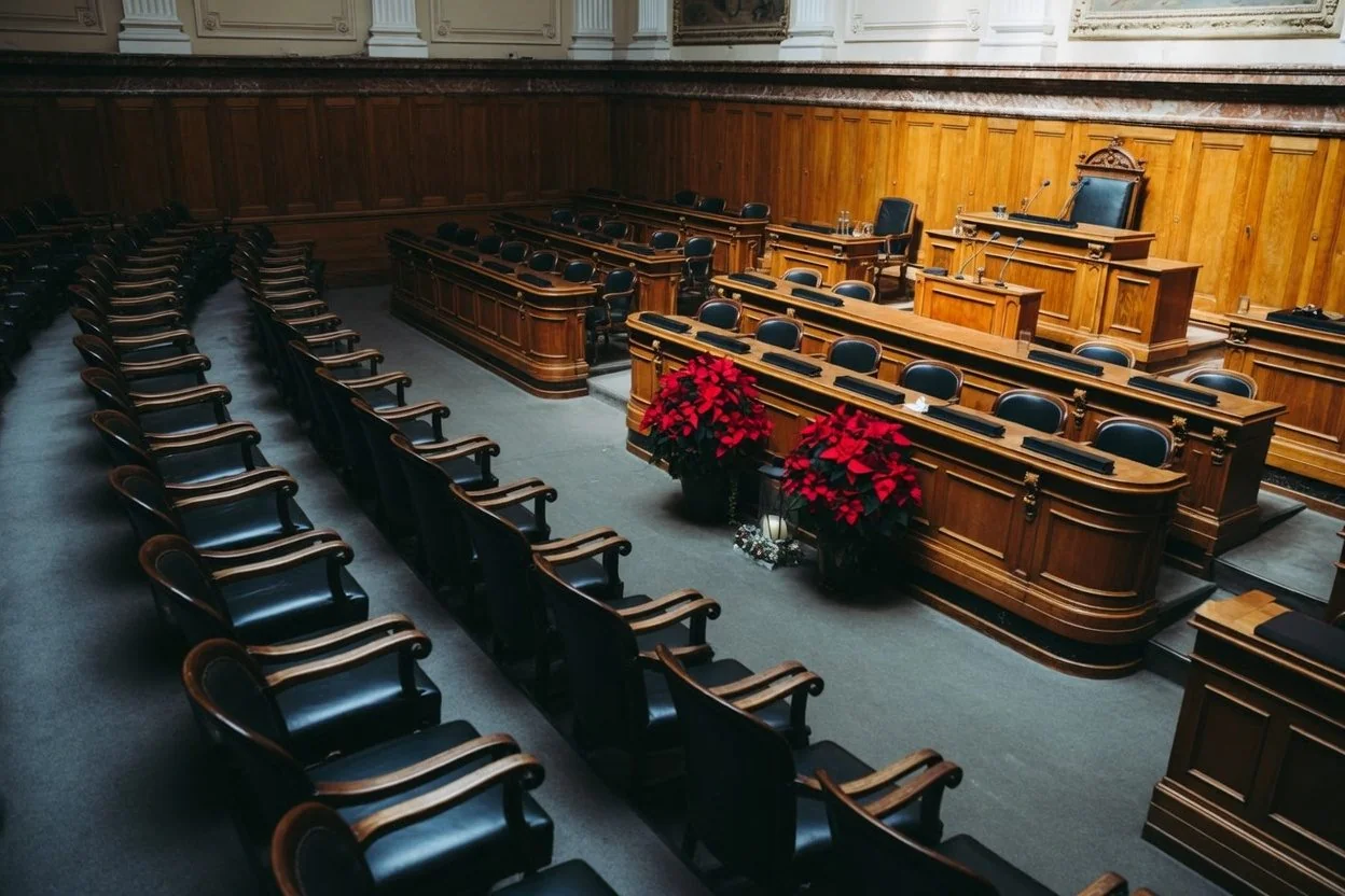 Justice of the peace bench in an empty Ontario courtroom, illustrating the judicial setting where JPs work in Ontario