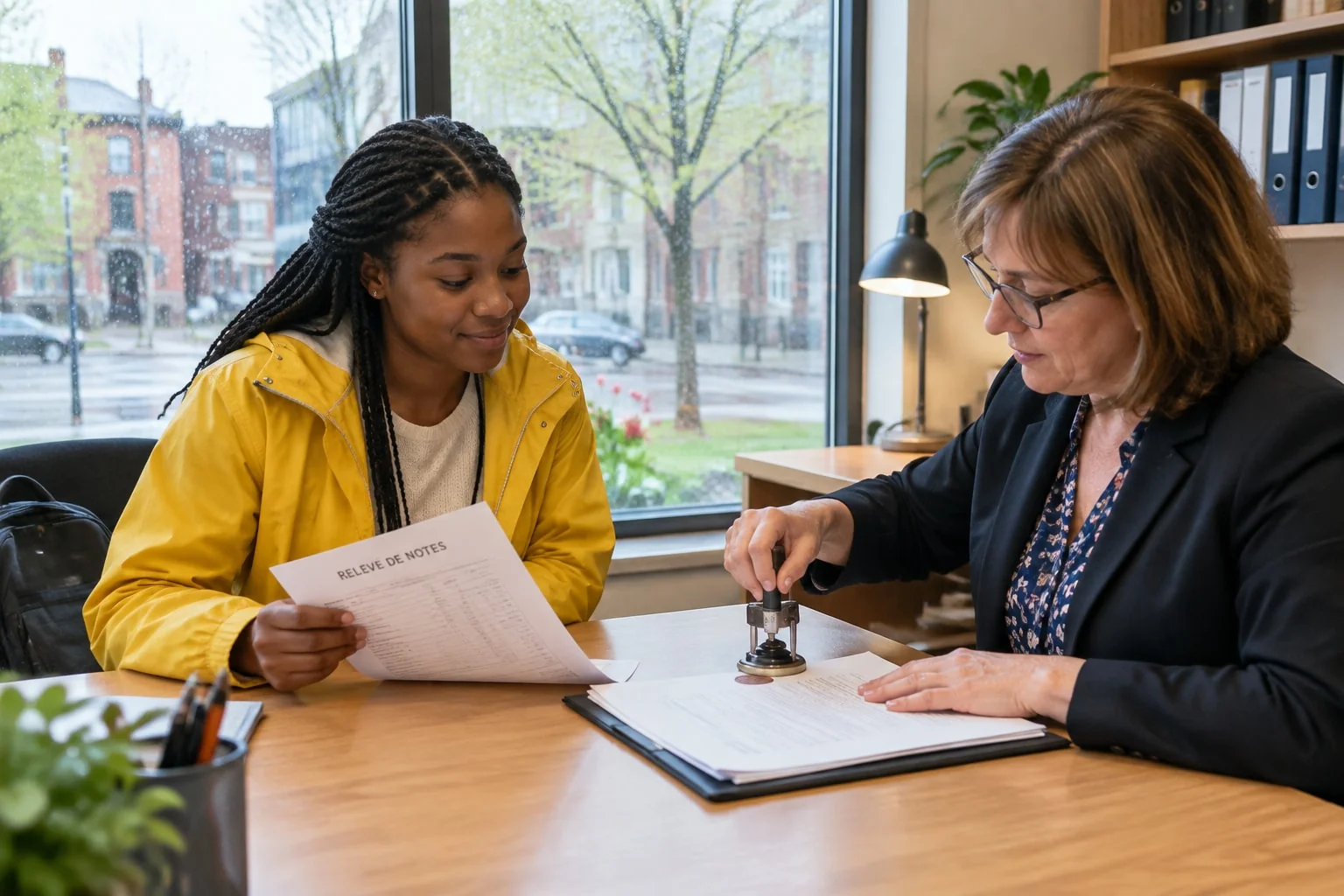 Notary seals the English certification on a copy of a student's French-language transcript as she holds the original