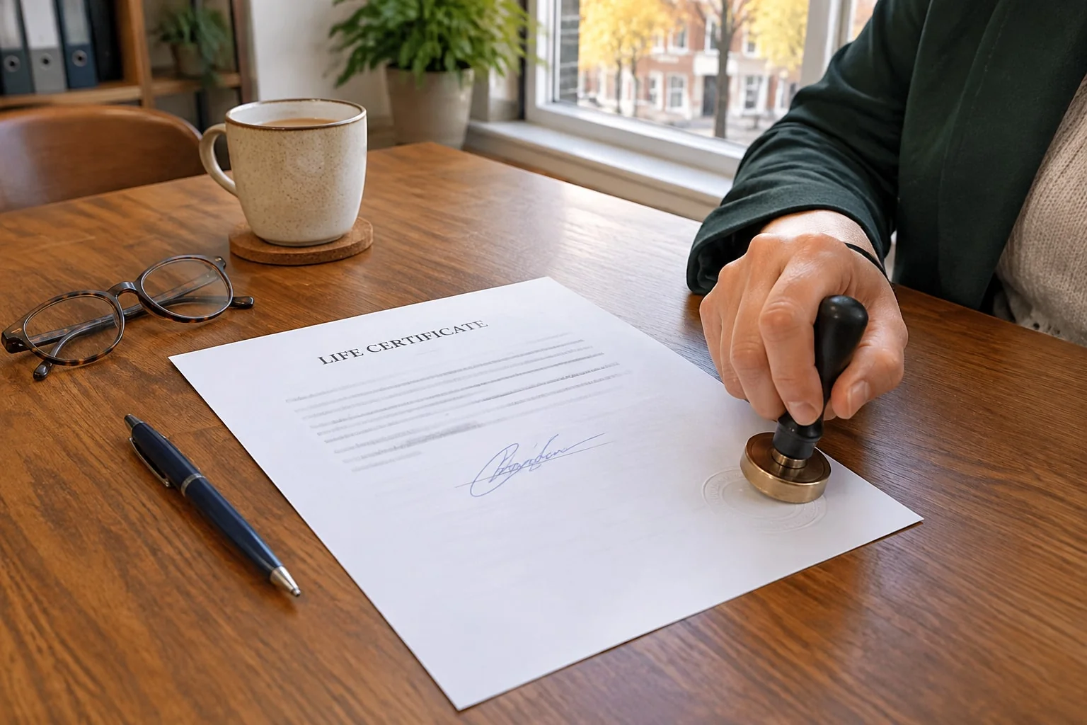 A notary public applies her seal to a signed pension life certificate on a dining table