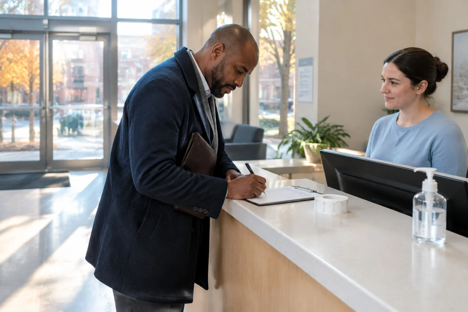 A notary signs the visitor log at a hospital front desk, holding a slim document folder, on an autumn afternoon