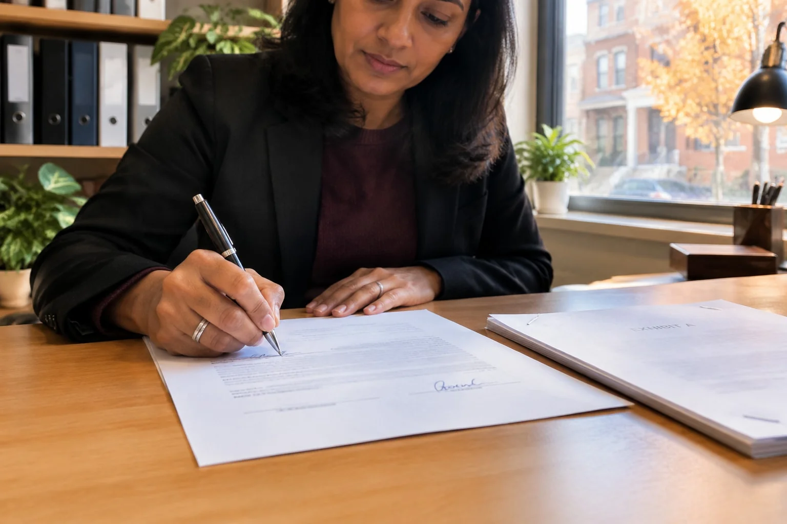 Notary signs the jurat at the foot of an affidavit beside the deponent's signature and an Exhibit A cover sheet