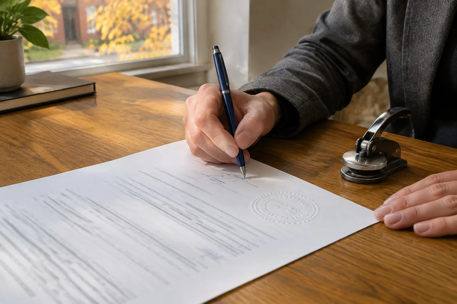 A notary signs the last page of a power of attorney next to the raised notary seal pressed into the same page