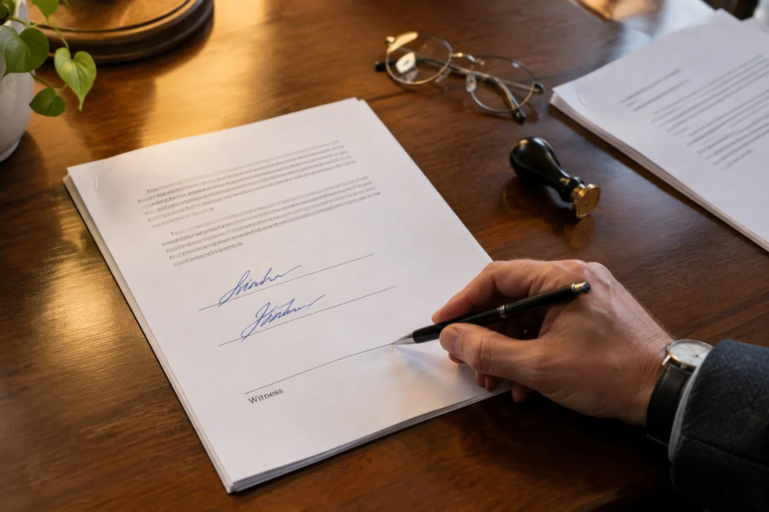 A notary signs the witness line under two partners' signatures on the last page of their agreement