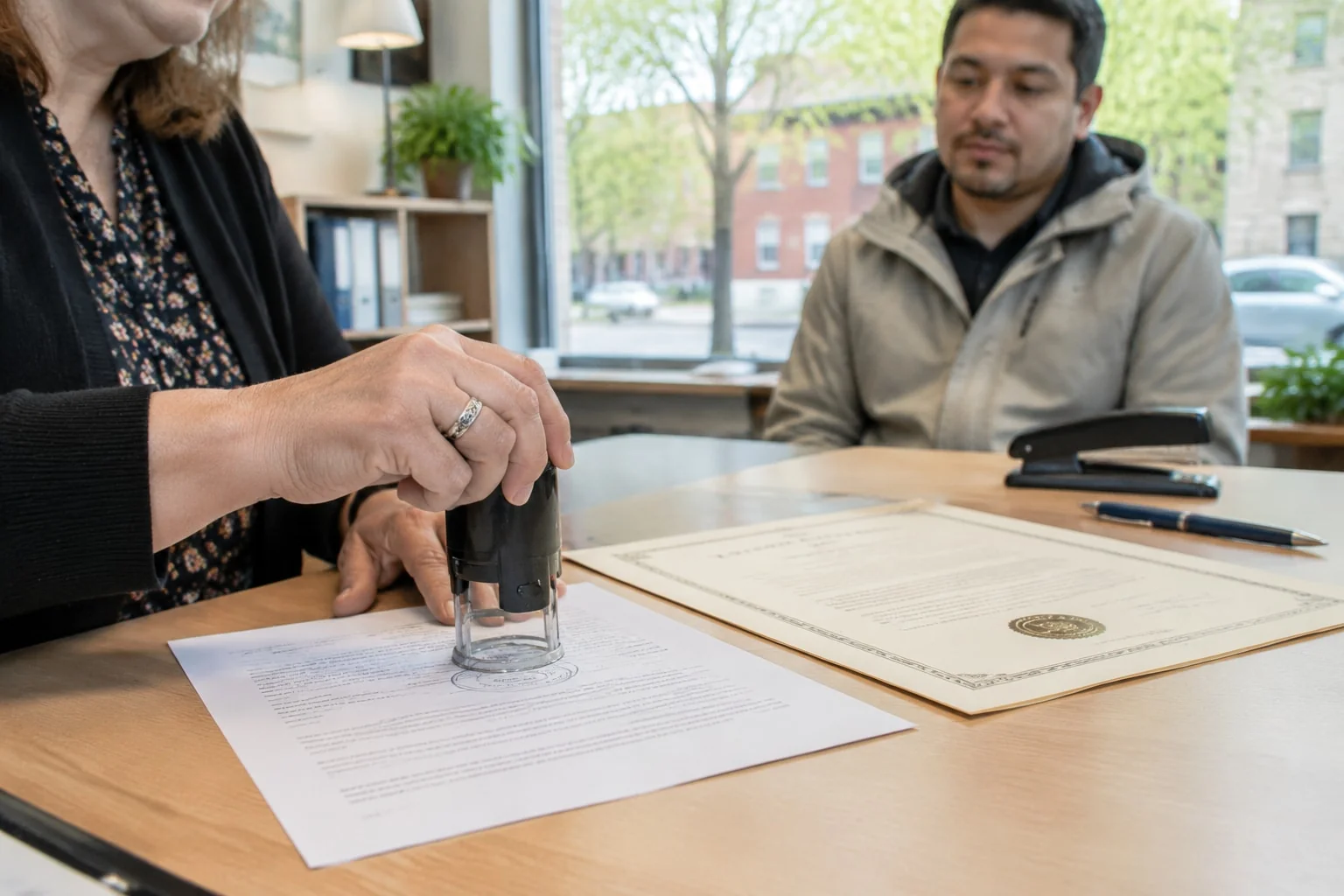 Notary stamping a certified true copy of a university degree next to the original
