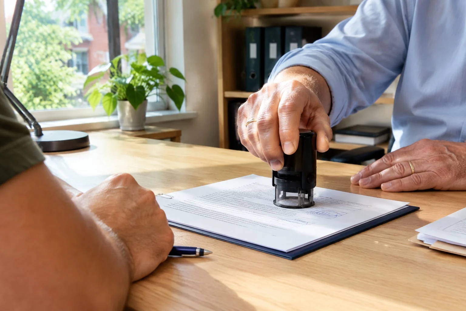 Notary stamping the jurat beside a client's fresh signature on a statutory declaration drafted by a lawyer