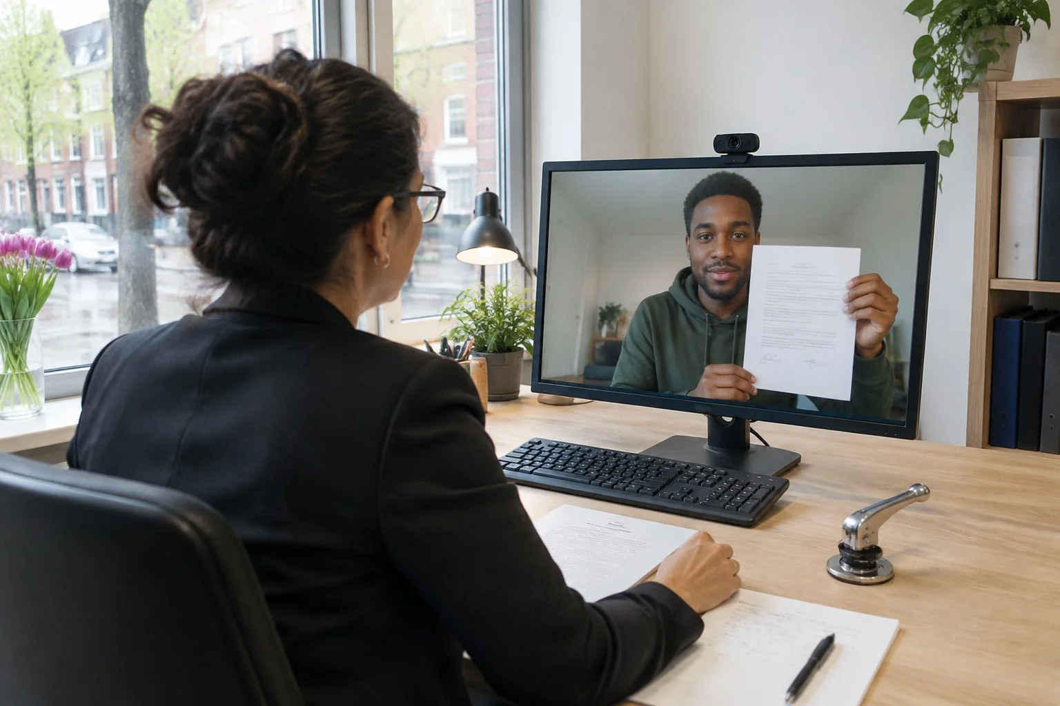 Notary watching a client hold up his signed statutory declaration on a live video call from her office