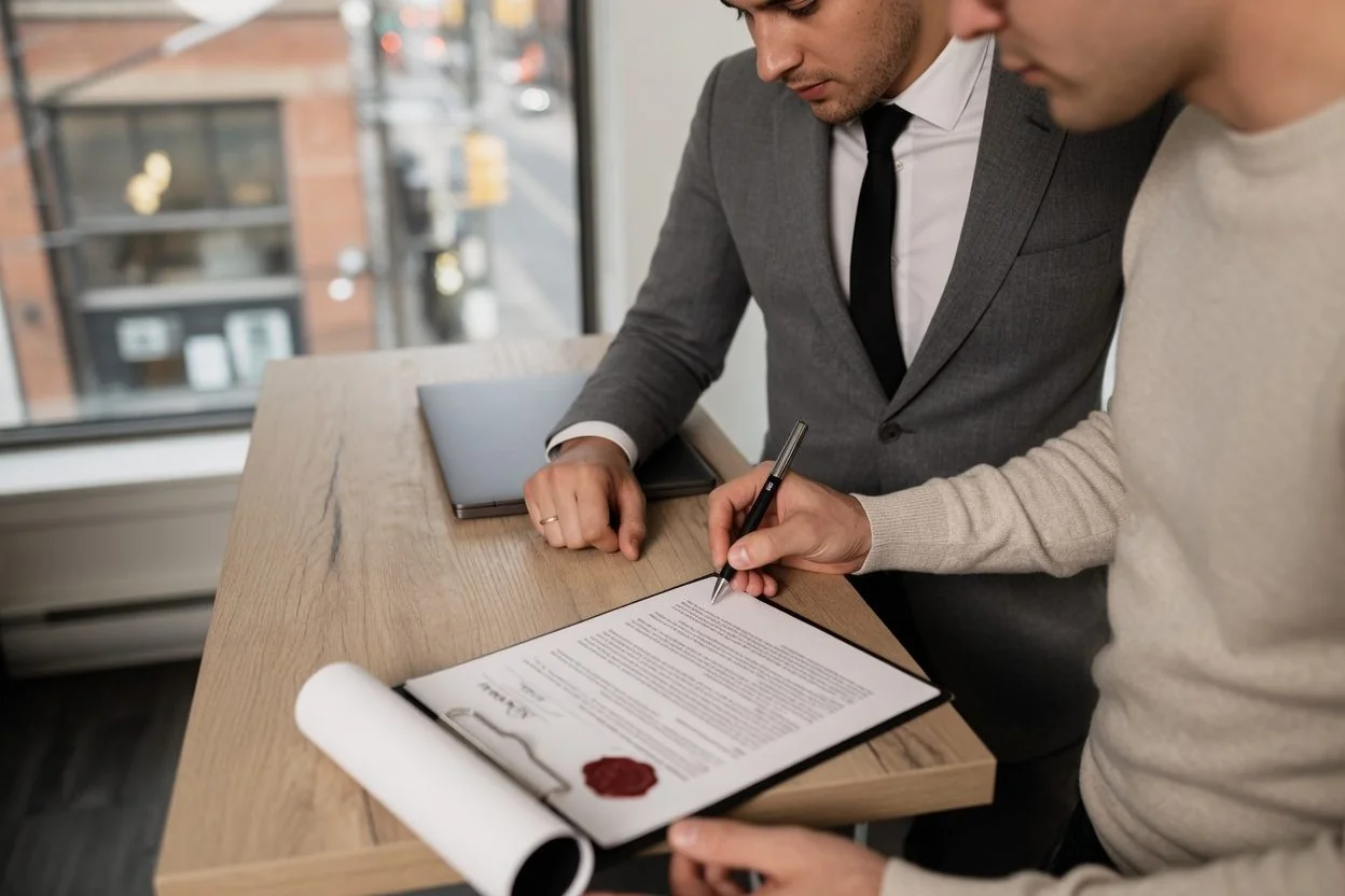 Client signing a contract while a professional witnesses, showing the witnessing step a notary public in Ontario can perform