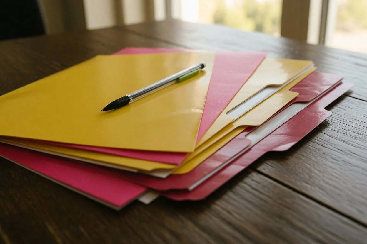 Folder of documents and a driver's licence on a wooden desk, ready for a notary appointment in Ottawa