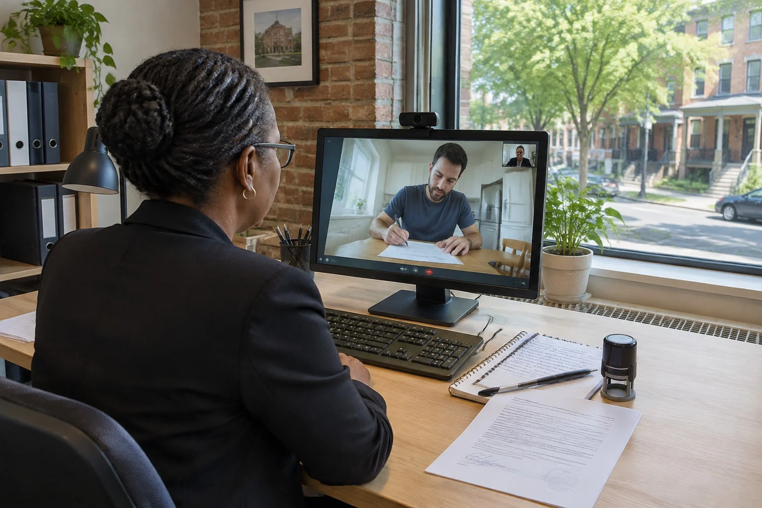 Notary watching a client sign his statutory declaration live on a video call from her Ontario office