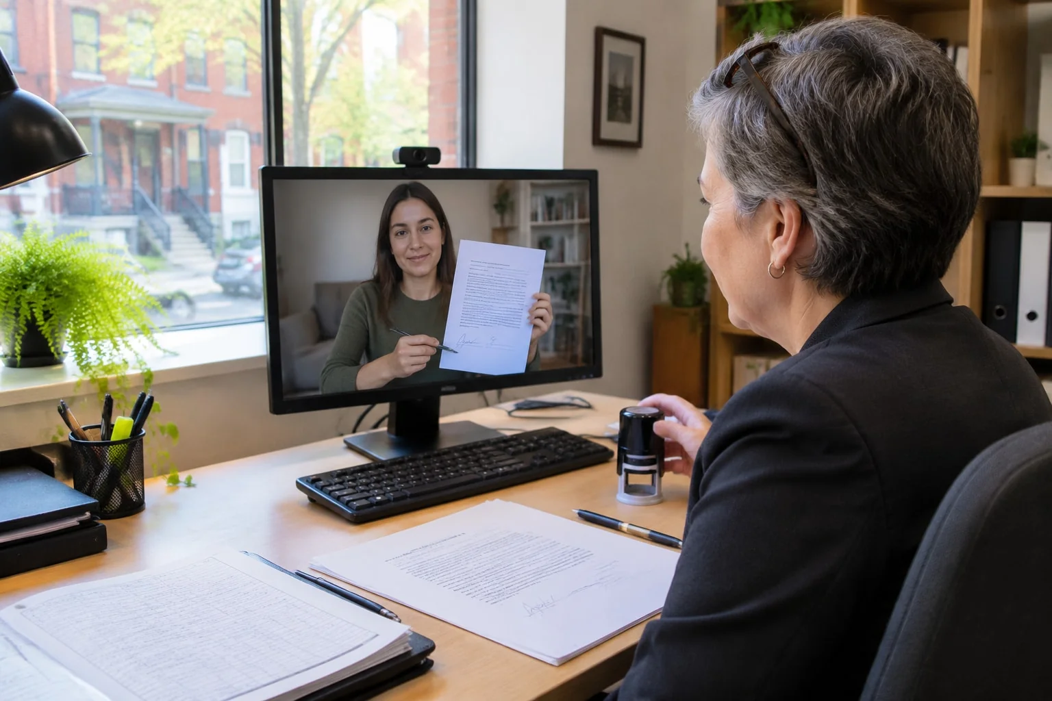 Ontario notary watches a client sign her PR card statutory declaration on a live video call from the notary's office