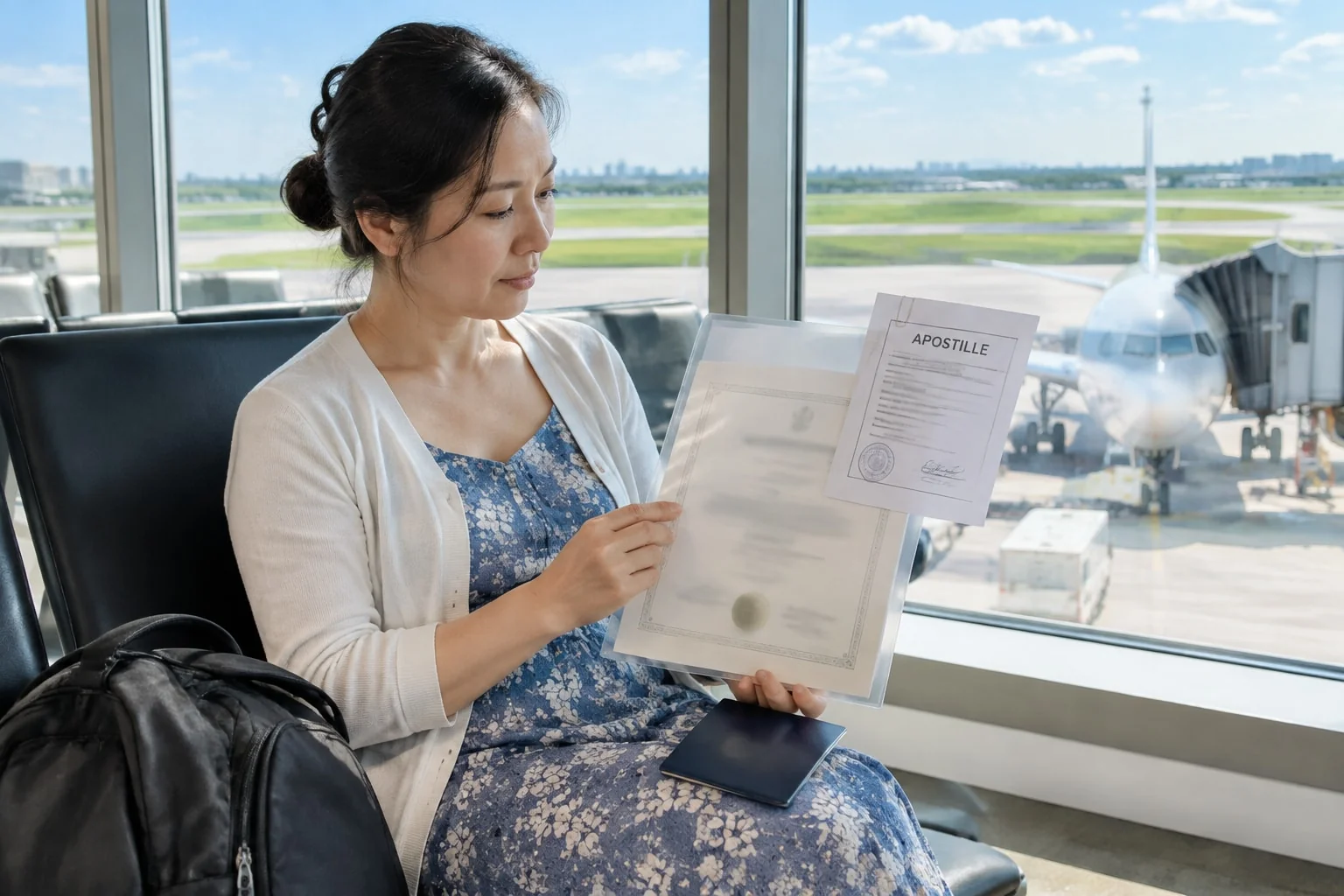 Nurse at a departure gate checks her certified diploma copy with Ontario's separate apostille certificate attached