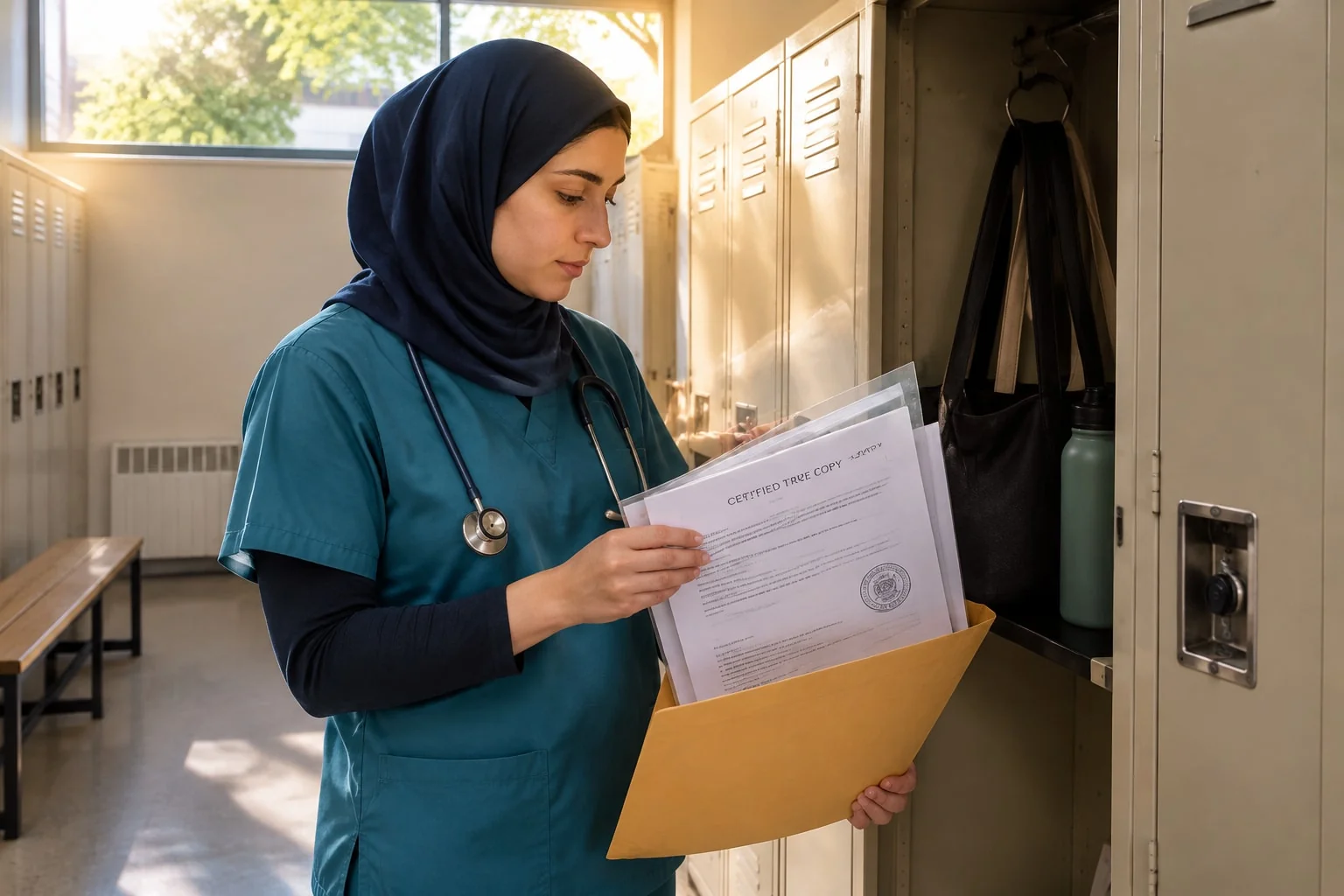 Nurse at her hospital locker checks certified copies and a name-change declaration before mailing her CNO package