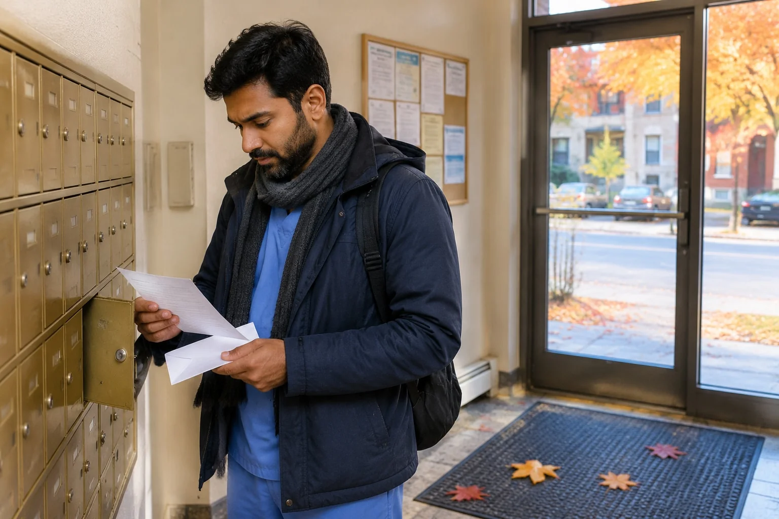 Nurse opening his original police record check in his building lobby, ready to send it to the nursing regulator