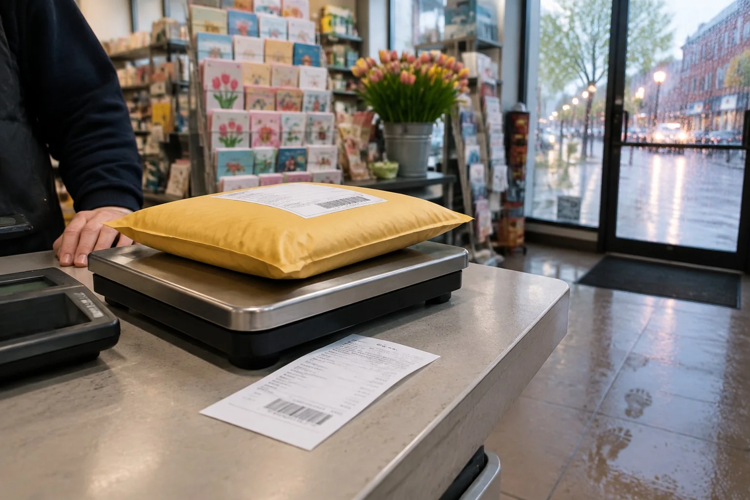 An OCT application envelope on a pharmacy postal scale on a rainy spring evening, mailed well before the deadline