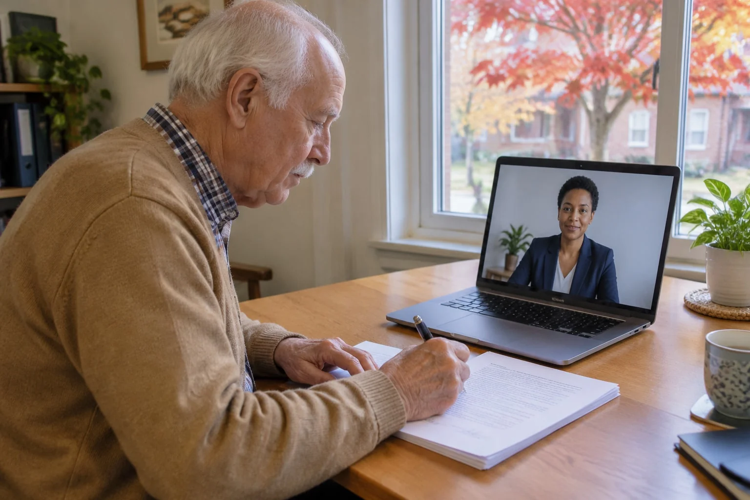 An older man signs his estate application at a desk while a notary watches on a laptop video call