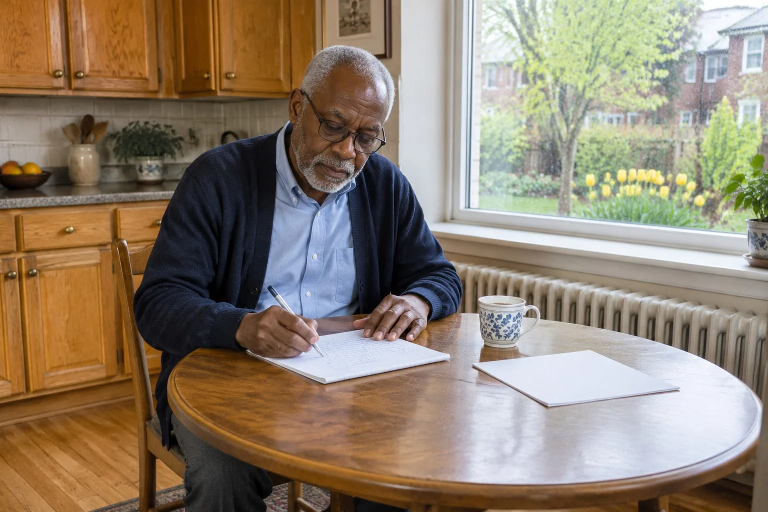 An older man writes his will by hand on lined paper at his kitchen table on a spring morning, a mug of tea beside him and a garden window behind