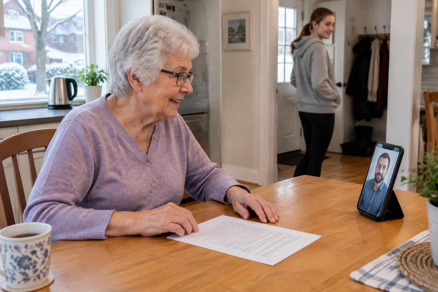 An older woman at her kitchen table talks to a notary on her phone in a stand while her granddaughter leaves the room