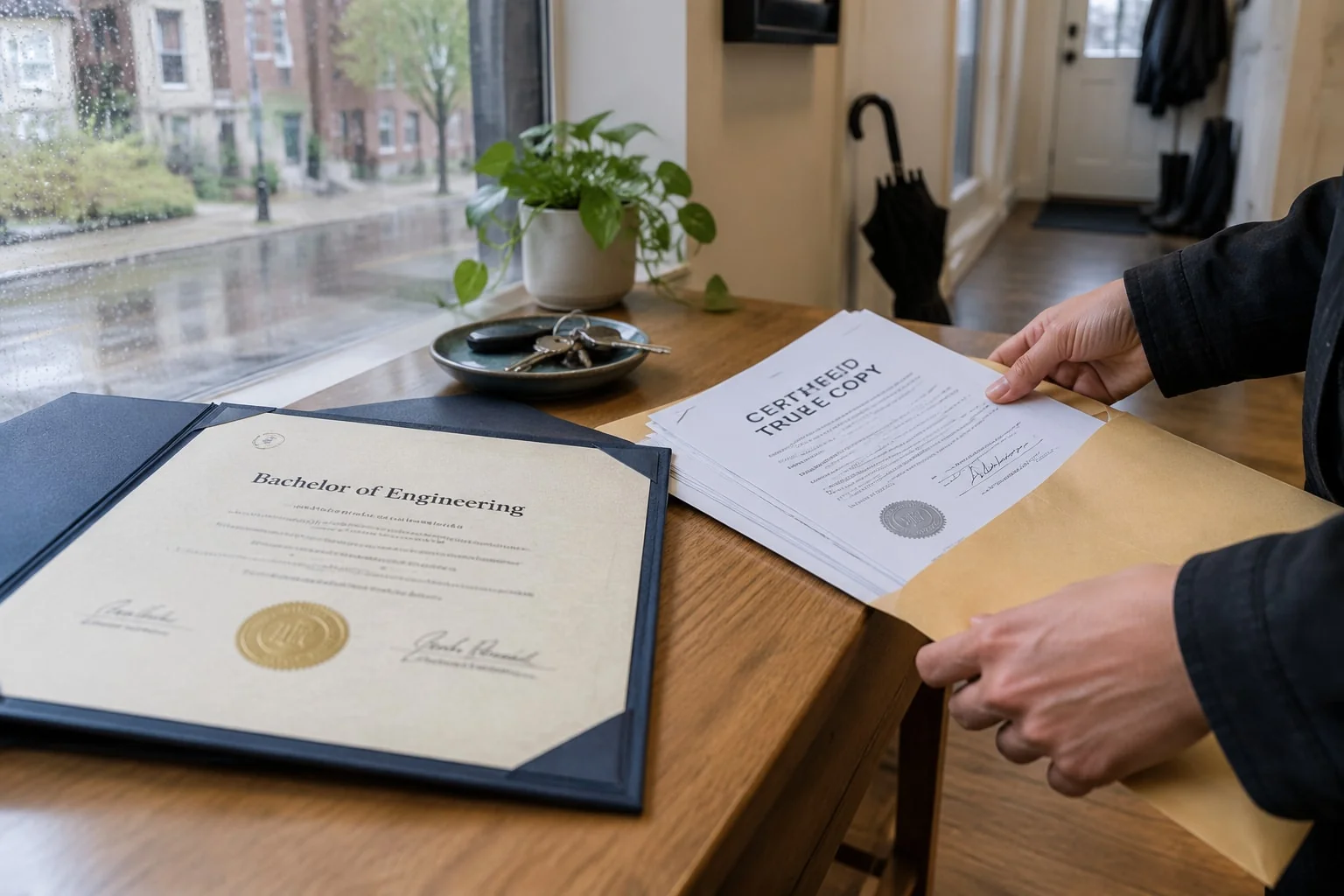 Original engineering degree kept at home as three certified true copies go into an envelope for the PEO file