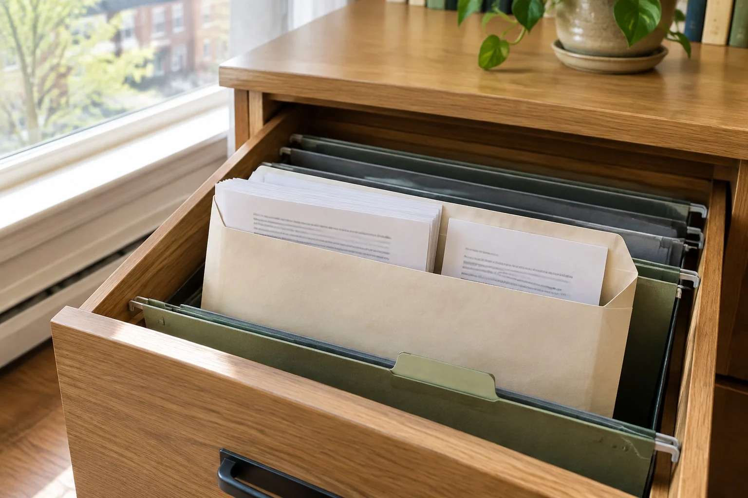 An original will and a one-page codicil kept side by side in one envelope in a home filing drawer